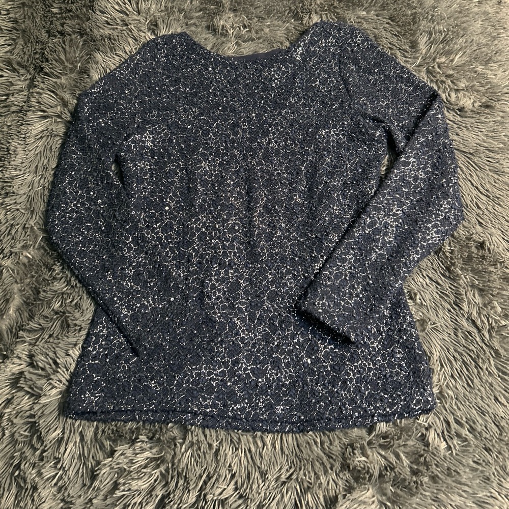 Jennifer Lopez Top Womens Large Blue Silver Tinsel Thread Long Sleeve Metallic